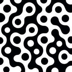 A seamless black and white pattern design featuring abstract geometric shapes and modern minimalistic elements. Ideal for use in backgrounds, wallpapers, textile prints, packaging, and web design. The