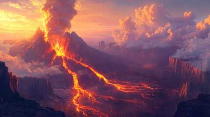 Fiery volcano erupting with flowing lava rivers
