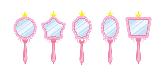 Princess mirror. Set of Elegant handheld pink mirrors with golden crowns. Female antique decoration with cute vintage ornament. Vector illustration in flat cartoon style.