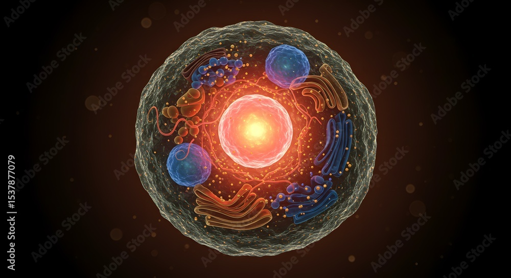 Poster microscopic view of a vivid cell exploring the intricate details of cellular structures and organell