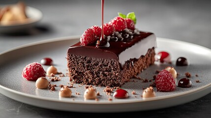 Decadent Chocolate Cake Dessert Gourmet Raspberry Garnish Exquisite Pastry Sweet Treat Chocolate Sauce Rich Flavor Luxurious Indulgence, silhouette