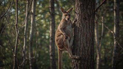 A kangaroo clings to a tree trunk in a forest.