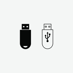 Set of 4 modern USB flash drive icons in black and white. Includes solid, outline, and detailed styles. Perfect for tech, UI, apps, and minimalist designs. Isolated on white background.