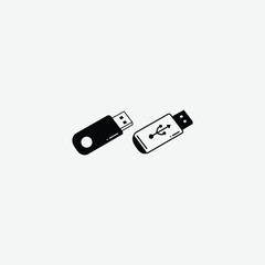 Set of 4 modern USB flash drive icons in black and white. Includes solid, outline, and detailed styles. Perfect for tech, UI, apps, and minimalist designs. Isolated on white background.