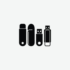 Set of 4 modern USB flash drive icons in black and white. Includes solid, outline, and detailed styles. Perfect for tech, UI, apps, and minimalist designs. Isolated on white background.