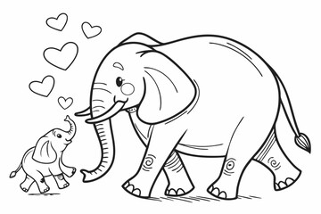 Naklejka premium coloring page for kids, a mother elephant walking with her small baby, their trunks are touching, lovely scene, thick outlines, black and white