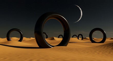 Desert landscape with rings and crescent moon