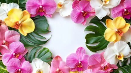 Vibrant orchid and tropical leaf border