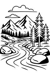Mountain River Trail - Hand Drawn Line Art Nature Landscape