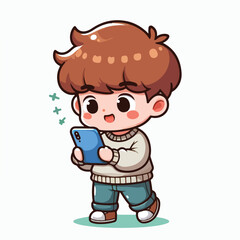 Cute boy cartoon vector playing smartphone
