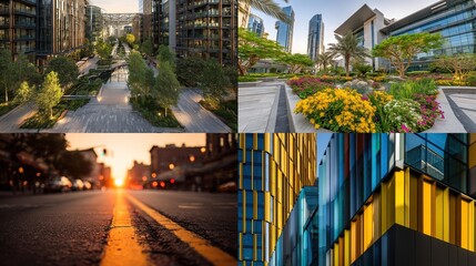 A composite of cityscapes, from park pathways and floral gardens to urban streets & building facades