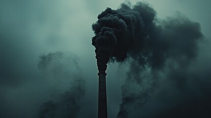 Dark factory chimney emitting thick black smoke polluting the atmosphere, environmental disaster, climate change, air pollution, silhouette