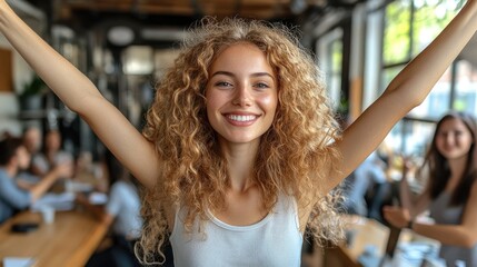 Fototapeta premium Happy woman with arms raised in cafe, colleagues in background