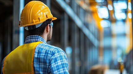 A construction worker wearing a yellow hard hat surveys a large industrial building site reflecting on progress and safety measures ensuring a successful project completion, silhouette