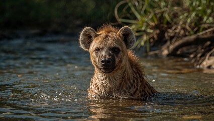 Spotted hyena cooling off in a shallow stream.