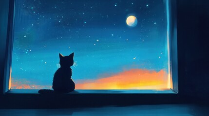 Night Cat Watching Stars from Window Sill