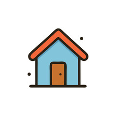 Simple, stylized illustration of a small house with a blue facade and orange roof.