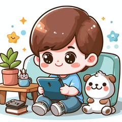 Cute boy cartoon vector playing smartphone
