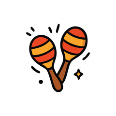 Two cartoon maracas, orange and yellow striped, with wooden handles, radiating sparkles.
