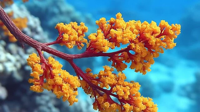 Vibrant Underwater Coral Branch: A Close-Up of Golden Coral polyps