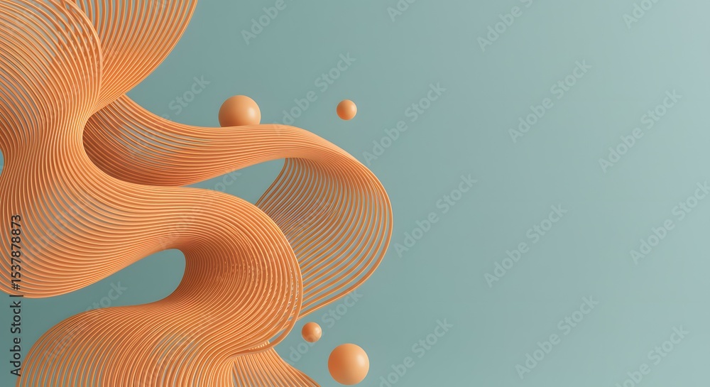 Poster abstract peach-colored fluid wave design elegant swirling lines and spheres on a soft teal backgroun