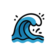 A stylized illustration of a breaking ocean wave, depicted with bold lines and a vibrant blue color palette.