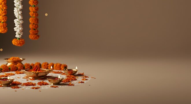 Vibrant Diwali Decorations Marigold and Jasmine Flower Garland, Diya Lamps, Festive Celebration