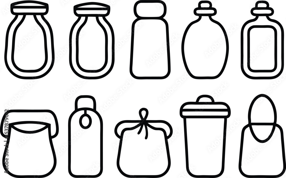 Poster reusable container icons outline icon set for packaging design isolated on transparent background