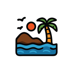 Simple, colorful graphic of a tropical island scene with palm tree, sun, and birds.