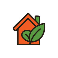 An orange house icon with green leaves, symbolizing environmental sustainability.