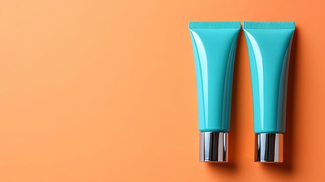 Vibrant orange background features two turquoise skincare tubes with simple shapes and metallic - textured nozzles, conveying a fashionable and modern beauty product vibe