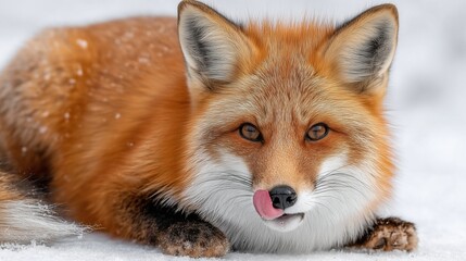Obraz premium Furry fox licking honey off its paws, sticky fur strands, minimalist white background