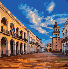 Obraz premium A digitally illustrated scene of a historical city square with classical European architecture, arches, and a bell tower under a vibrant blue sky. The style is vector or poster-like with bold