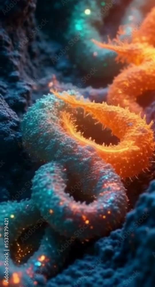 Poster abstract microscopic image of a glowing textured winding structure with orange and teal colors