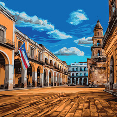 Fototapeta premium A digitally illustrated scene of a historical city square with classical European architecture, arches, and a bell tower under a vibrant blue sky. The style is vector or poster-like with bold