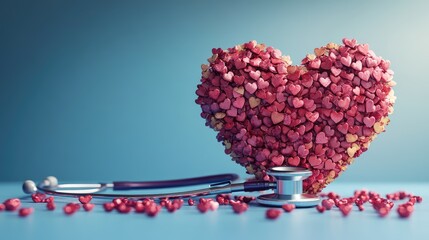 Heart-shaped cluster of hearts, stethoscope on light blue background