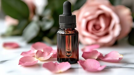 A dark glass rose essential oil bottle paired with pink rose petals and a hazy rose bouquet on a marble - textured background, conveying an elegant and romantic fragrance product vibe