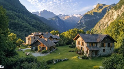 Majestic mountain village nestled in a verdant valley showcasing charming stone houses with stunning alpine scenery offering breathtaking views and tranquil atmosphere.