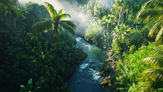 This stunning footage showcases a vibrant jungle with a winding river. Perfect for nature documentaries and environmental projects. Experience the peace of the wild. Generative AI