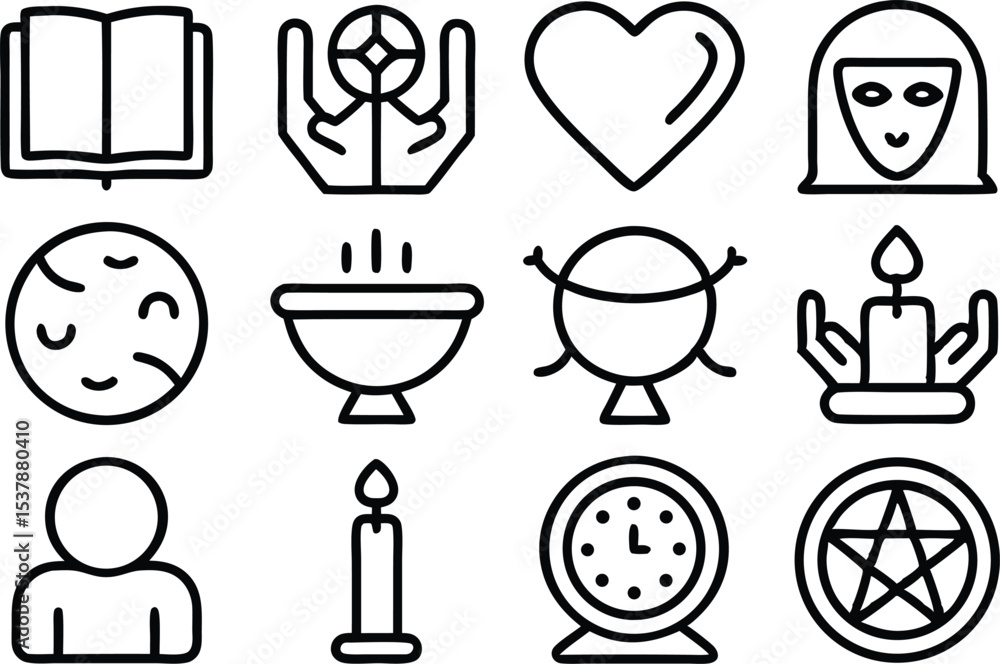 Poster outline icon set of ritualistic tools isolated on transparent background