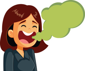 Woman With Open Mouth Suffers from Bad Breath Vector Cartoon. Adult suffering from bad breath health problem due to poor oral hygiene
