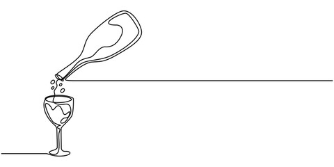 Continuous One line drawing process of pouring champagne into a glasses, Continuous one line drawing of abstract pouring wine into the wine glass. simple wine glass line art vector illustration.