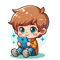 Cute boy cartoon vector playing smartphone