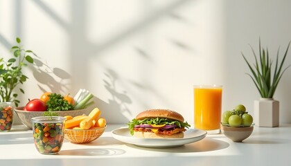 Burger with orange juice and vegetables on a white table under sunlight