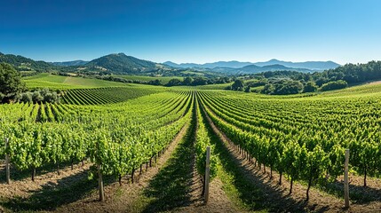Lush Green Vineyard Rows Stretch Across Rolling Hills Under a Brilliant Blue Sky showcasing a picturesque Tuscan landscape perfect for wine country tourism and agriculture.