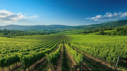 Obraz premium Lush Vineyard Rows Stretching Across a Sunlit Valley Under a Clear Blue Sky Presenting a Picturesque Rural Landscape of Rolling Hills and Greenery