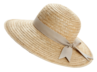 A woman straw hat with grey ribbon and bow, summer fashion and accessories concept, isolated on transparent background, cut out png