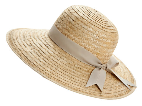 A woman straw hat with grey ribbon and bow, summer fashion and accessories concept, isolated on transparent background, cut out png