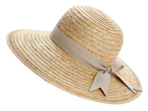 A woman straw hat with grey ribbon and bow, summer fashion and accessories concept, isolated on transparent background, cut out png