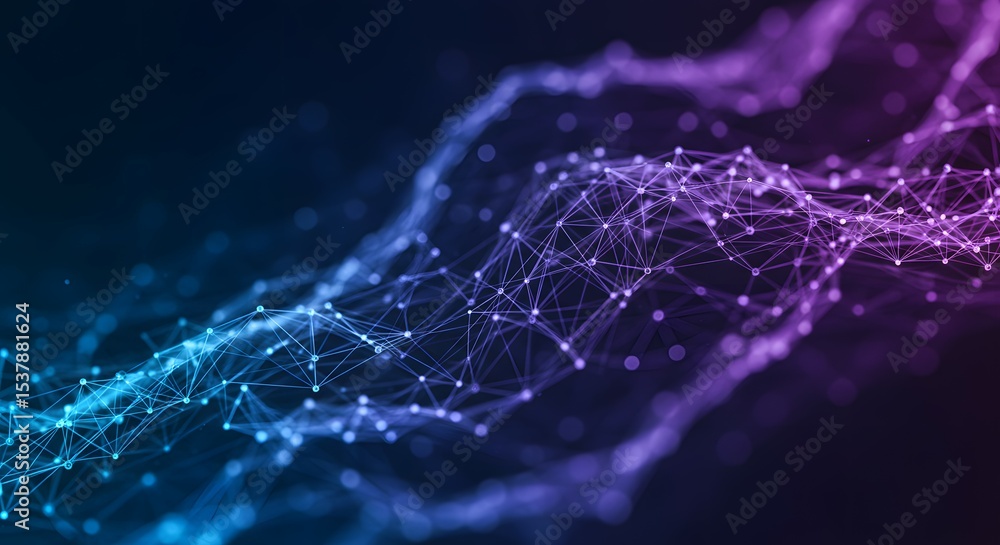 Poster abstract digital network futuristic purple and blue data stream visualization, connecting nodes and 